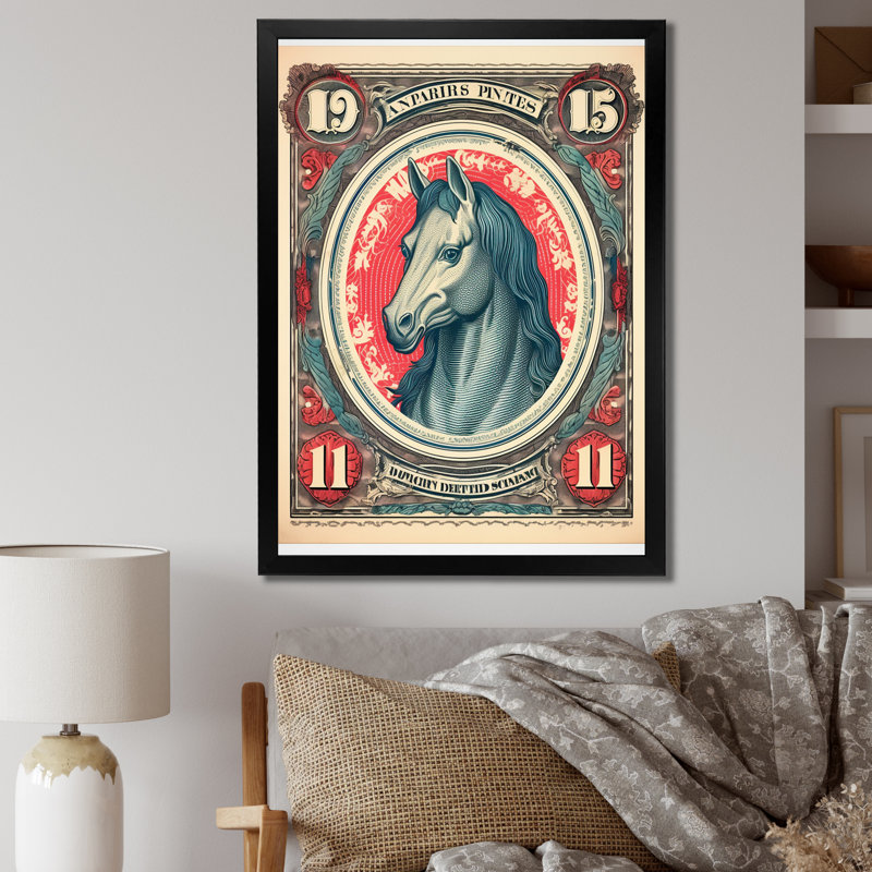 Timbre rétro, portrait d'un cheval - reproduction, H 44 po x l 34 po x P 1,5 po, Cadre simple noir