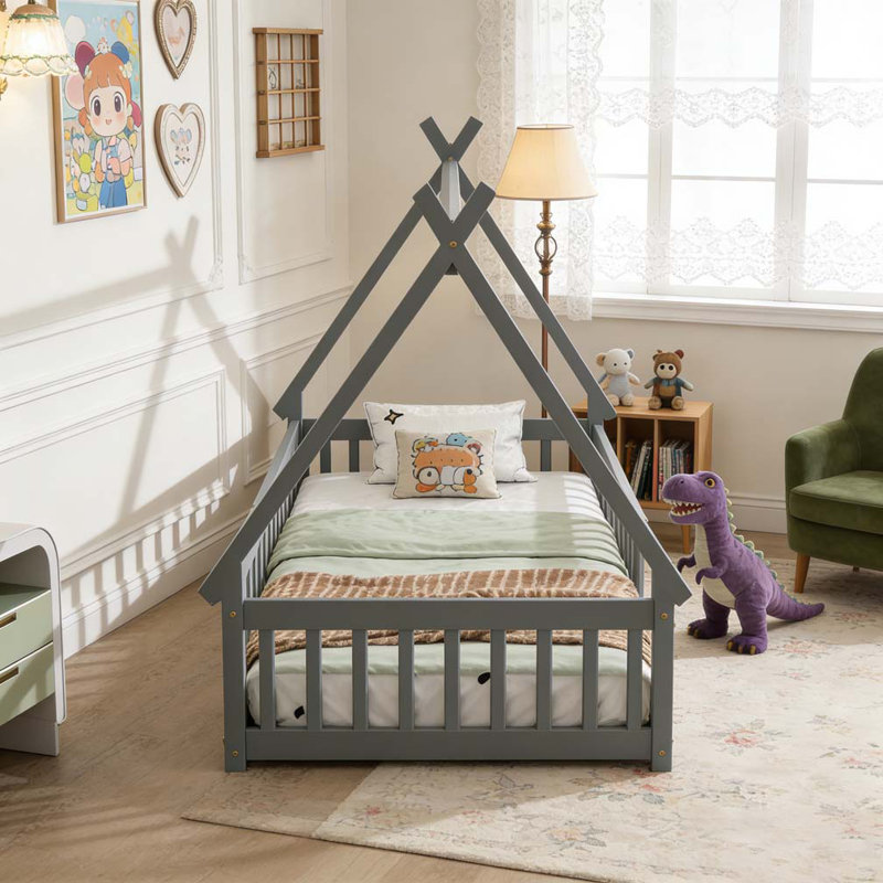 Lit simple en forme de tente, lit tipi avec garde-corps, lattes et porte, Gris