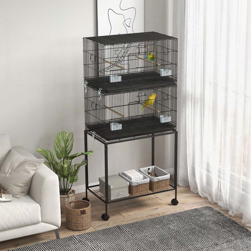 View of Archie & Oscar™ PawHut Double Stackable Bird Cage with Stand, Wooden ...