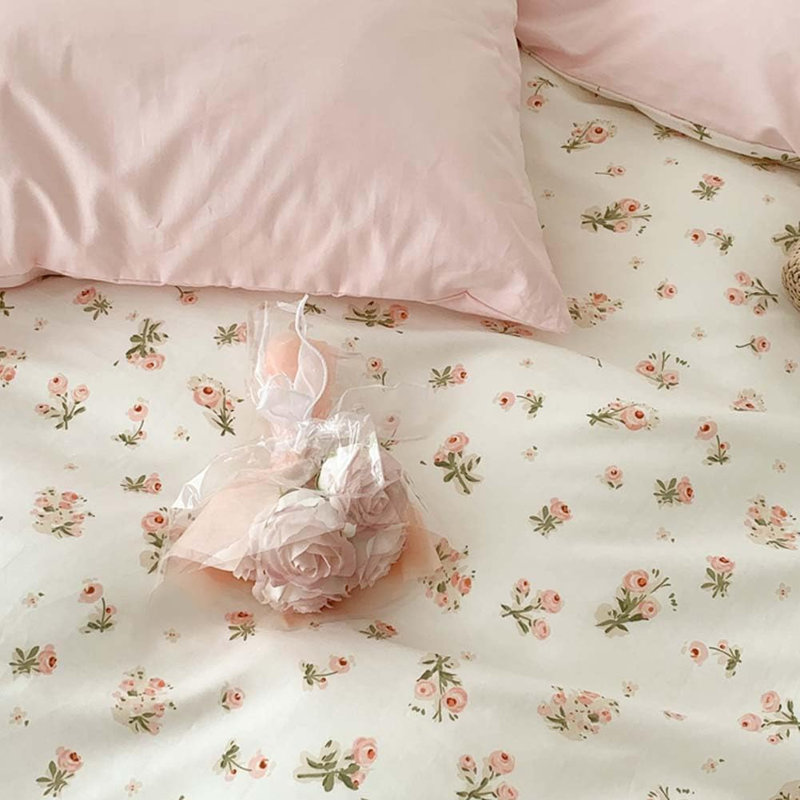 Pink Floral Duvet Cover Green Botanical Leaf Printed On White Spring Comforter Cover Soft Microfiber Aesthetic Bedding Set