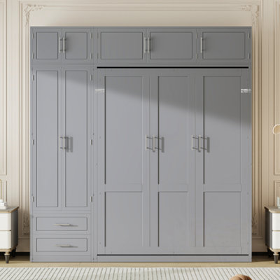 Grand lit escamotable mural avec armoire supérieure, tablettes et garde-robe