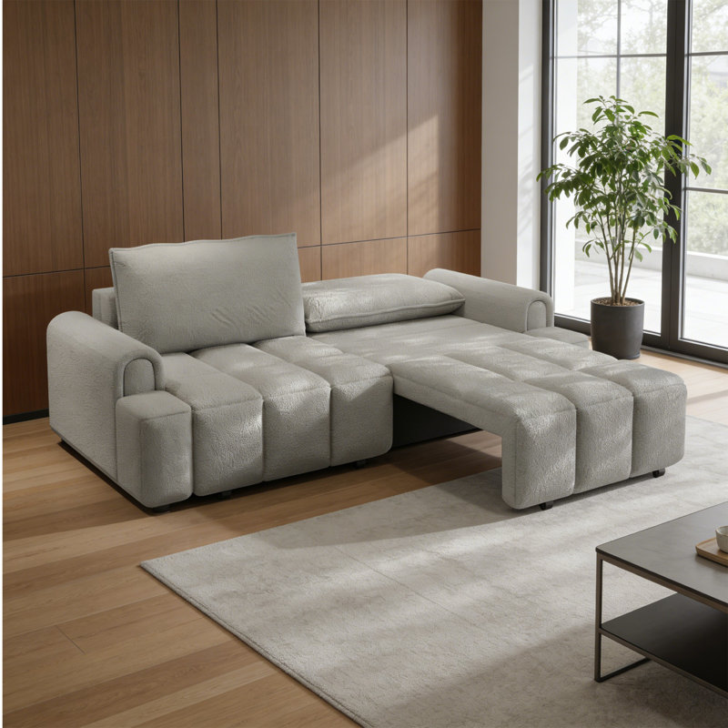 90.2" 4-Seater Teddy Fabric Sofa Bed | 3-In-1 King Size Convertible Sleeper With Seat Storage | Comfy Deep Seat Sofa With Casters For Living Room, Office, Apartment, Light Grey