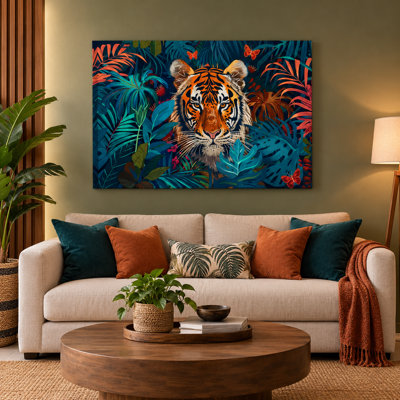 Folk Art Tiger in the Jungle Canvas Wall Art