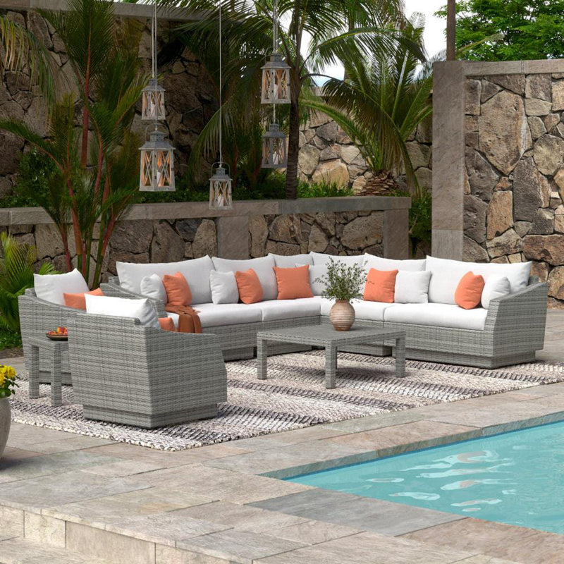 Fionnula 9 Piece Sectional Seating Group With Sunbrella Cushion Covers, Cast Coral Sunbrella® Plainweave