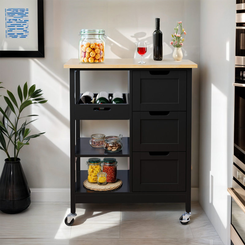Chariot de cuisine 27 po x 15 po Baveline, support de cuisine sur roulettes avec plateau en bois massif, tiroirs et supports multifonction