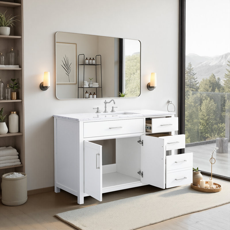 Ensemble de meuble-lavabo simple 48 po avec plateau en marbre d'ingénierie Shamar, Blanc