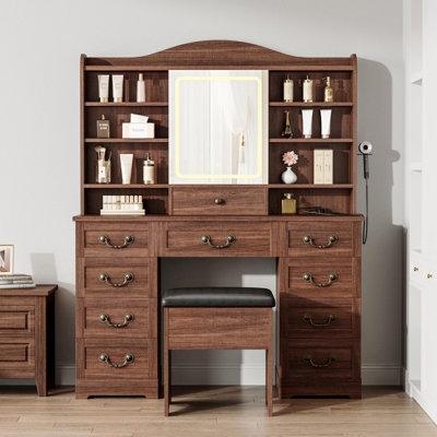 Makeup Vanity Desk with Mirror, Lights and Stool, Table with 10 Drawers, 10 Shelves, Adjustable Lighting and Power Outlet for Bedroom