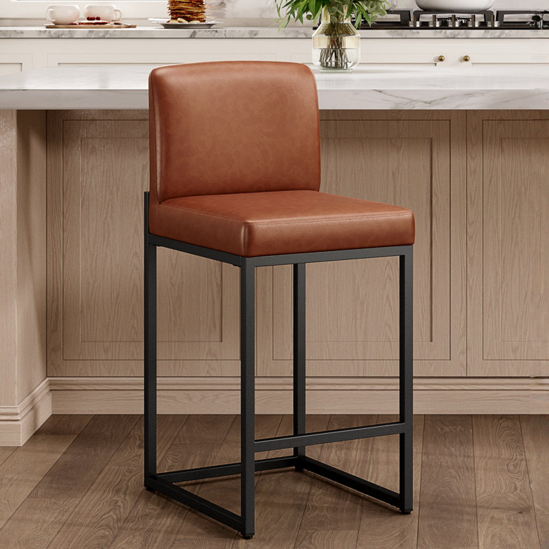 Tabouret de comptoir de cuisine moderne de 24 po avec base luge en métal noir et similicuir taupe foncé (ensemble de 2), Noir