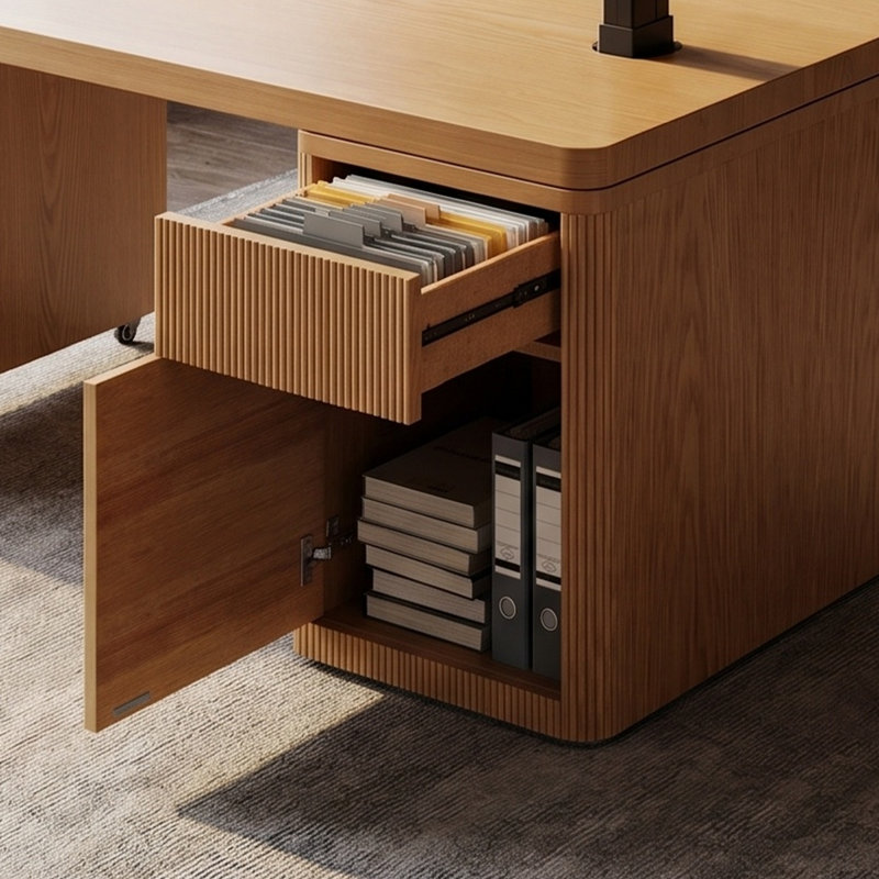 Bureau assis-debout électrique Bachman 63"L avec plateau pivotant à 360°, tablette de rangement, armoire et plateau en bois massif
