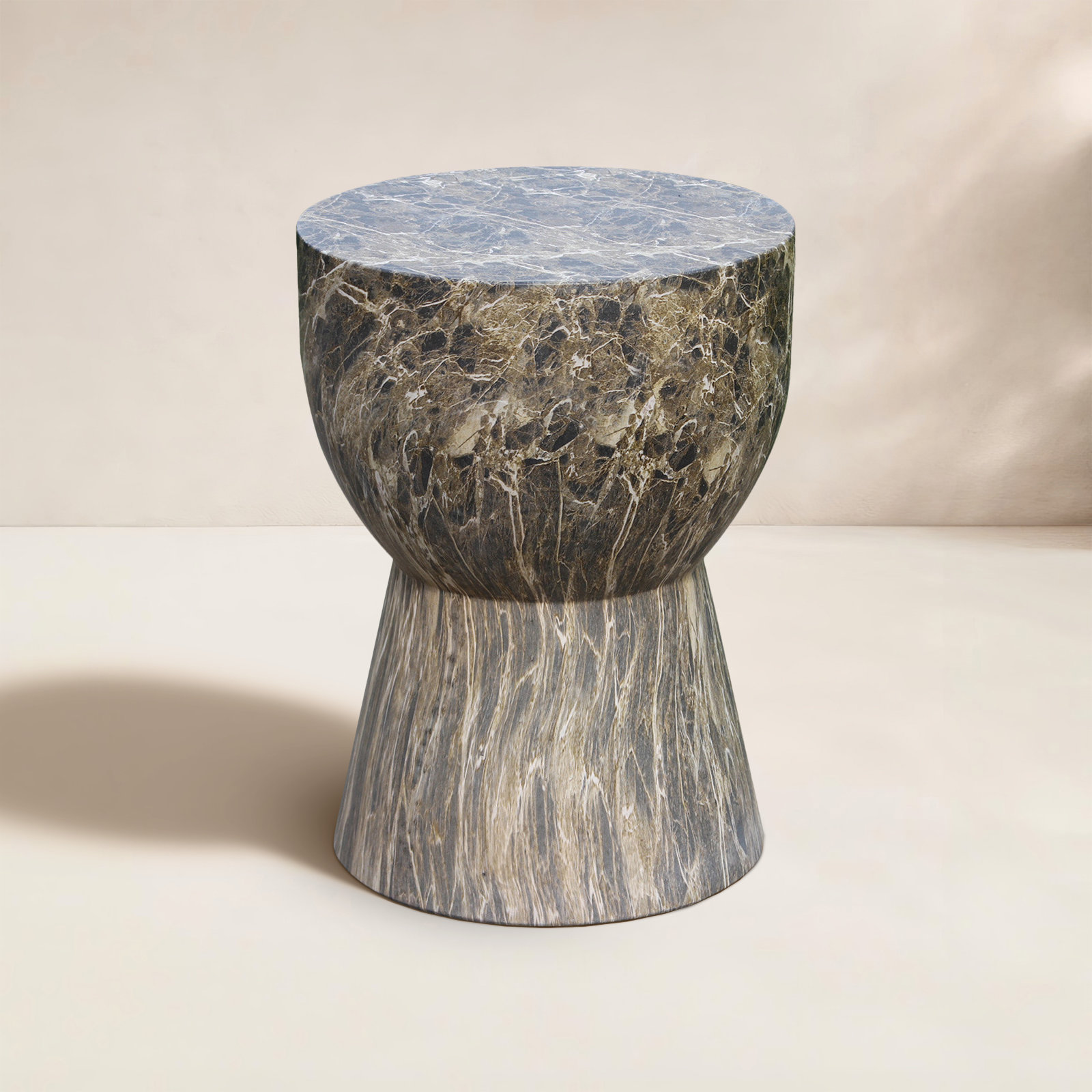 Zofia Composite Drum Black Marble Accent Table, Granite