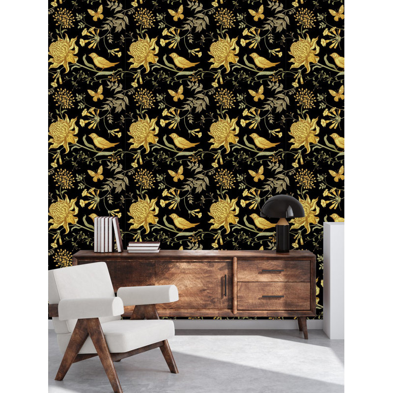 Panneau de papier peint 18,75 "x 25" Fleurs lisses et oiseaux sur fond foncé