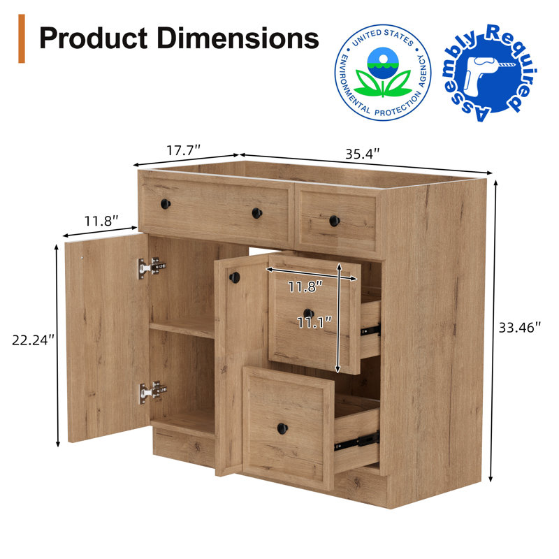 36" Freestanding Farmhouse Single Bathroom Vanity Cabinet Base Only, without Sink Top, Oak
