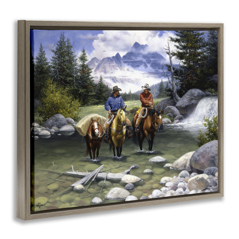 "Travelling Cowboys in Stream", art mural encadré par Jack Sorenson, H 25 po x l 31 po, Cadre flottant orme Montalcino