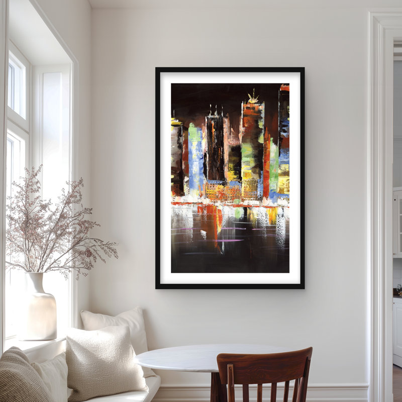 Cityscape by Night - Reproduction matte encadrée pour la décoration intérieure, H 36 po x l 24 po, Noir