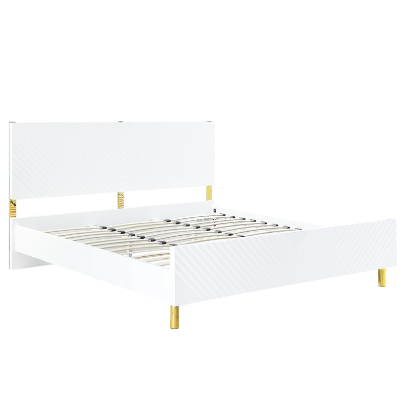 Lit Ek blanc ultrabrillant - sans sommier, structure entièrement en K, motif ondulé, 39 lattes incluses, 4 pieds en métal, capacité de charge maximale de 660 lb sans les lattes, support de poids