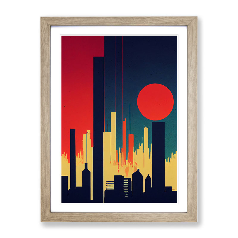 A City Skyline Sunset No.3 Abstract - Wall Art, 64cm H x 46cm W x 2cm D, Oak Framed