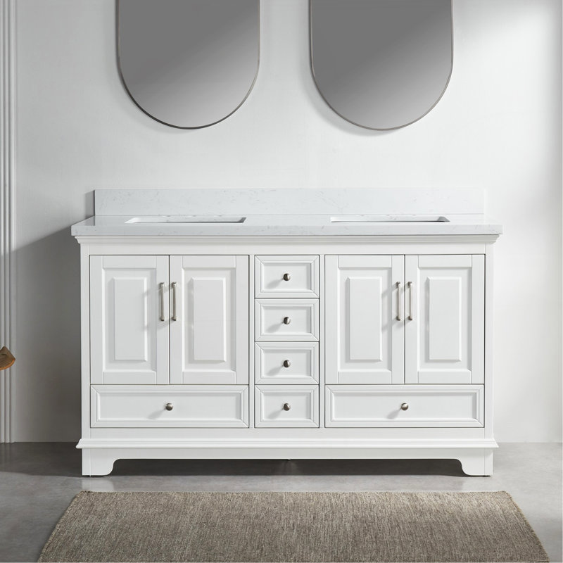 Meuble-lavabo double autoportant de 60 po avec pierre artificielle entièrement assemblé