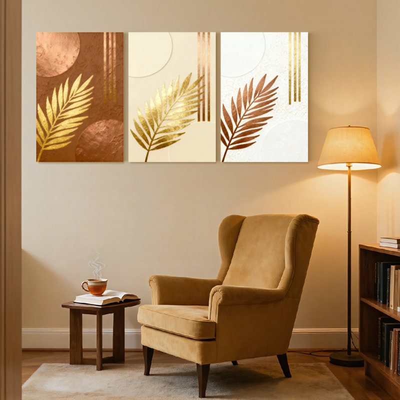 «Contemporary Boho Golden Leaf», ensemble de 3 impressions sur toile, H 30 po x l 60 po