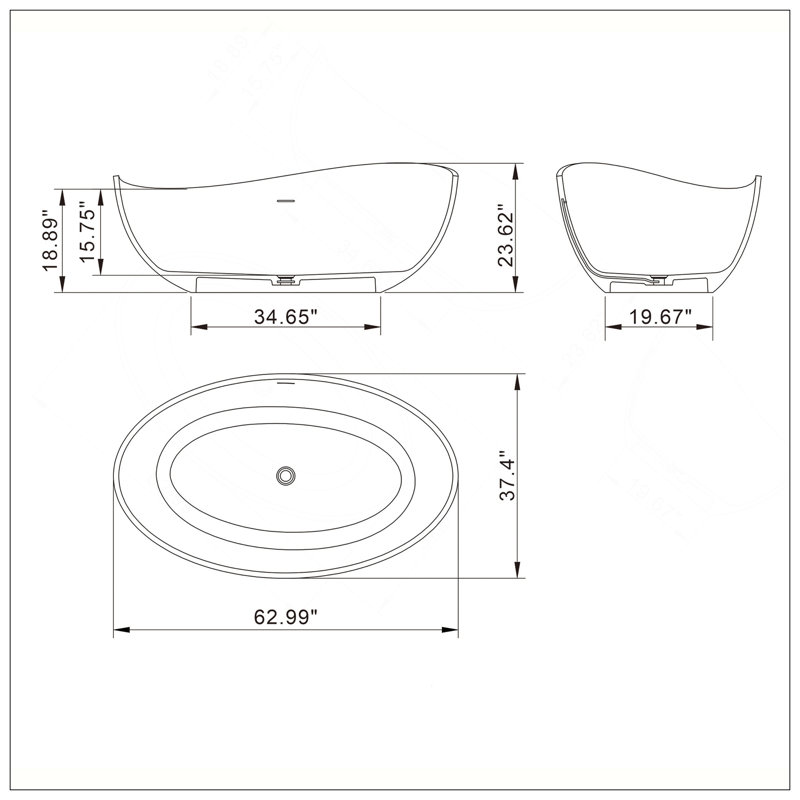 63 Inch Freestanding Solid Surface Soaking Bathtub For Bathroom