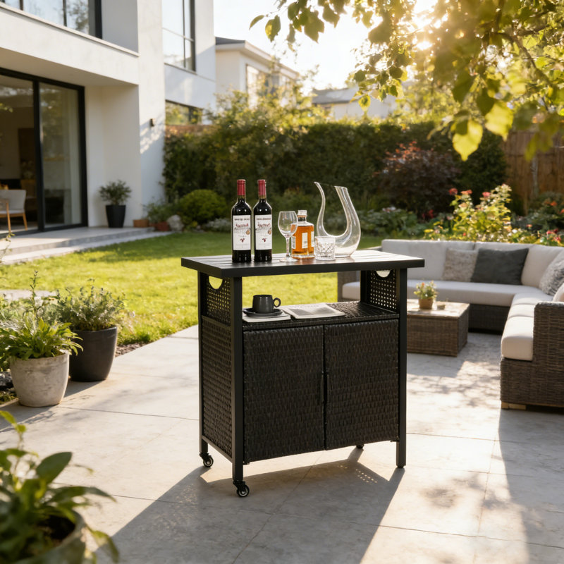 Outdoor Bar Cart with Wheels, Wicker Patio Serving Cart with Storage Shelves, Black