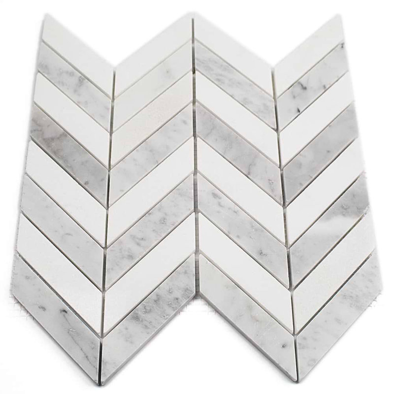 Talon 1x4 Chevron Polished Marble Mosaic Tile, Carrara/Thassos