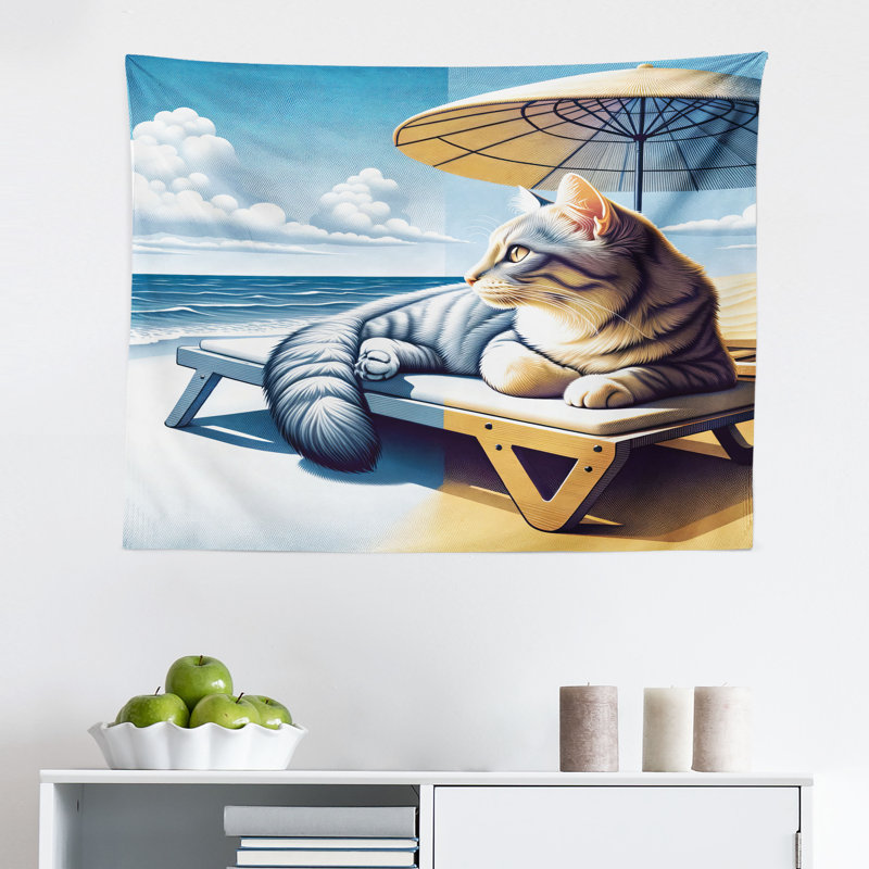 Highland Dunes Cat Wall Hanging Tapestry Sunbathing Kitten Seaside Shore Blue Pale Mustard, H 23 po x l 28 po