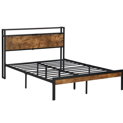 Lit plateforme moderne en métal avec tête de lit en bois et fonctionnalité, pas de sommier tapissier, beaucoup d'espace de rangement sous le comptoir, procédure d'assemblage silencieuse, noir et brun avec tête et fiche, besoin