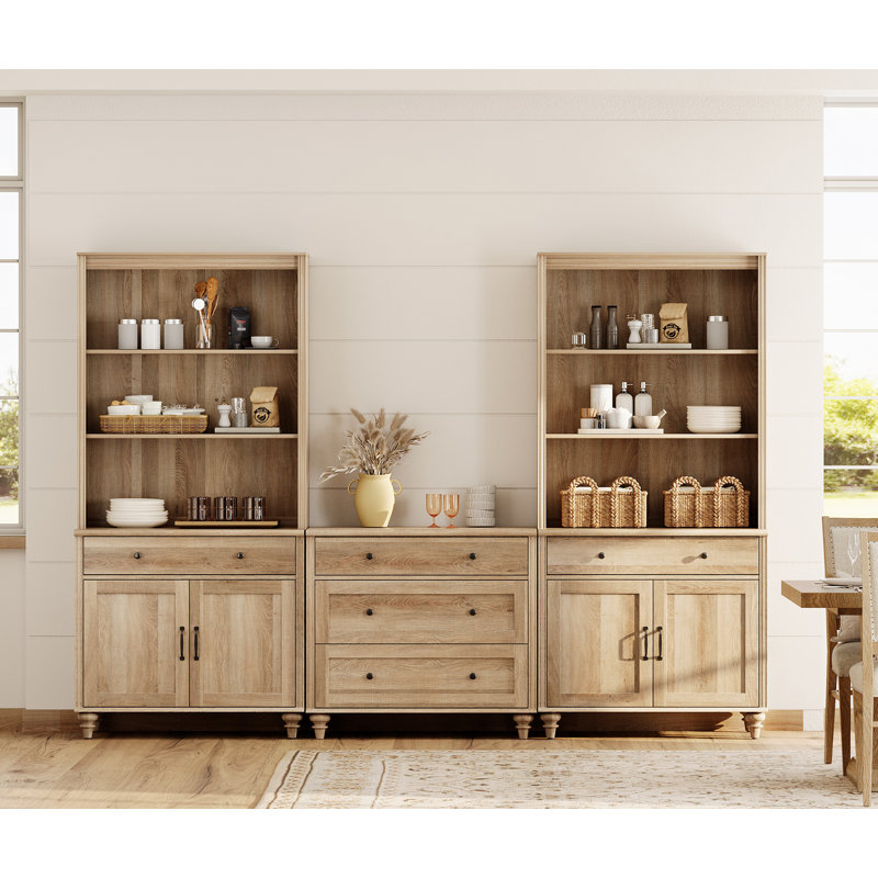 Scarlett Sideboard Cabinet With Bar Hutch, Buffet Cabinet With Four Wood Doors, Five Drawers And Two 3 Tier Shelves, Oak, 101''