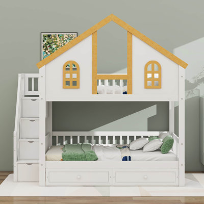 Lit superposé sur le toit en bois avec porte et fenêtre, tiroirs de rangement et escalier