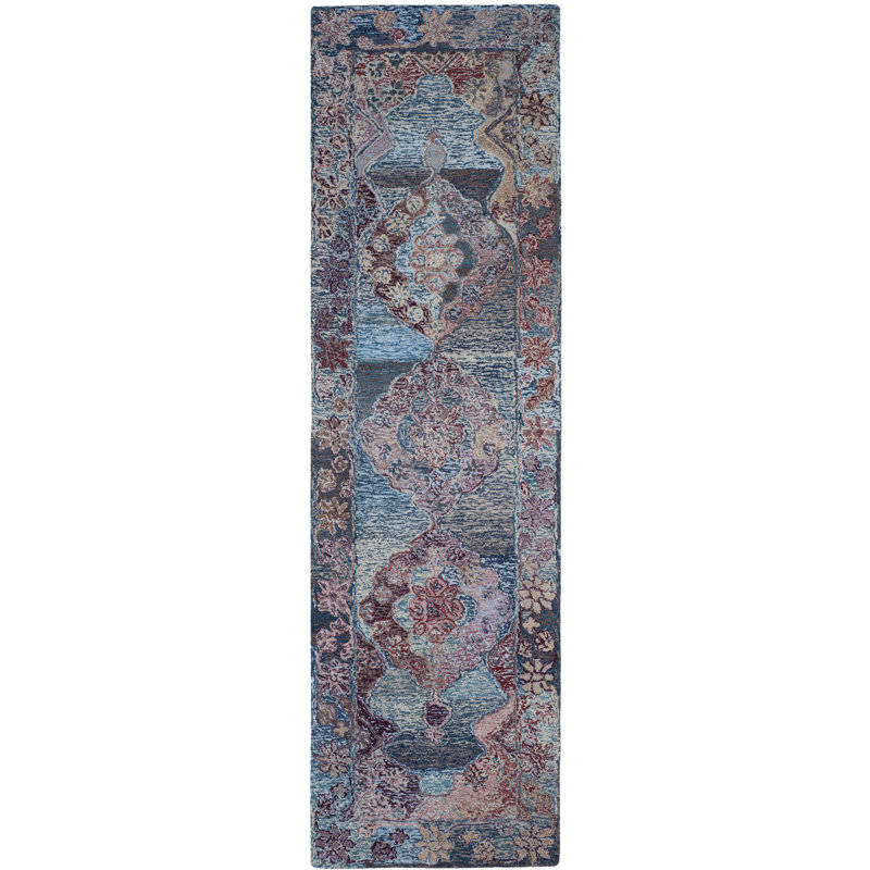 Tapis bleu touffeté à la main Evanoff, Tapis de couloir 2 pi 3 po x 8 pi