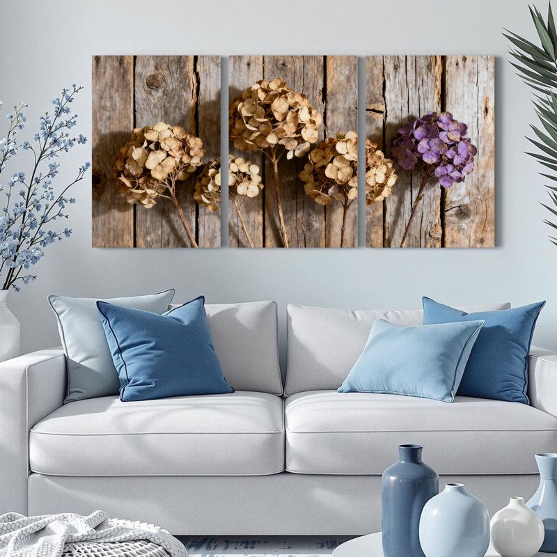 «Hortensia séchée» sur toile de bois rustique, impression sur toile, ensemble floral (ensemble de 3), H 24 po x l 48 po