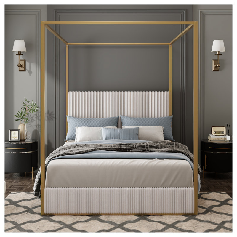 Grande tête de lit tapissier en velours côtelé beige et or avec texture à rayures verticales
