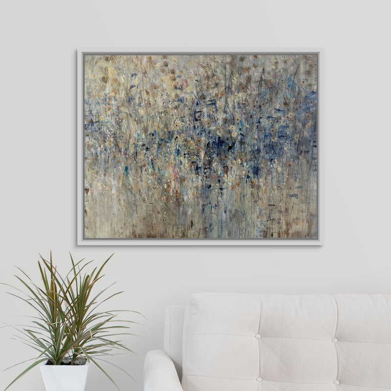 « limitrophe field », peinture sur toile, H 25,7 po x l 31,7 po x P 1,75 po, Cadre flottant blanc