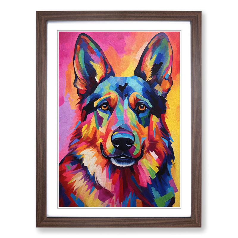 German Shepherd Hard Edge Painting No.2 - Single Picture Frame Print on Wood, Walnut, 34cm H x 25cm W x 2cm D