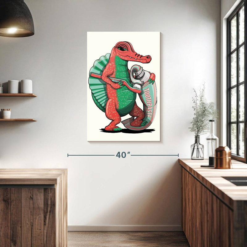 Spinosaurus se brossant les dents dans la salle de bain, H 39 po x l 26 po