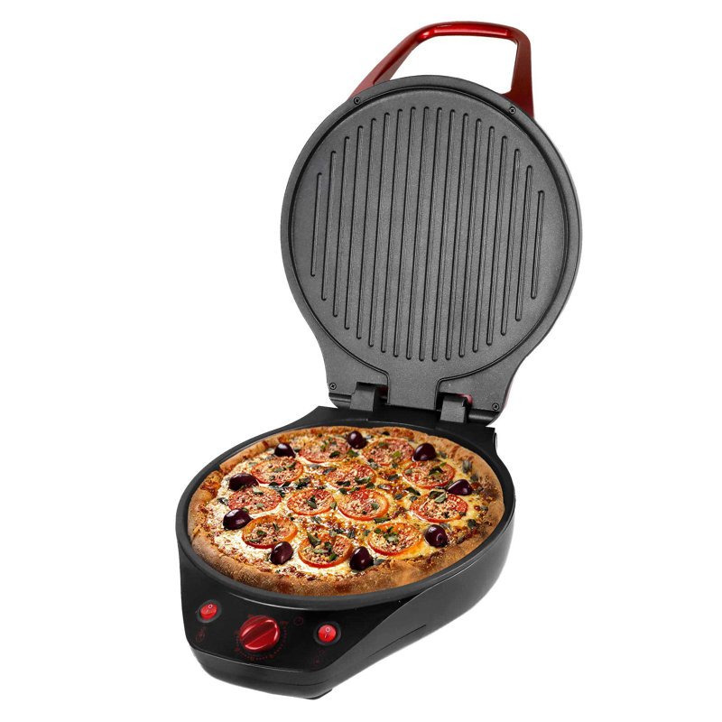 Brentwood 12 Inch Non-stick Pizza Maker And Electric Grill – 1200w Countertop Cooker With Timer, Dual Heating, Opens 180°, Red