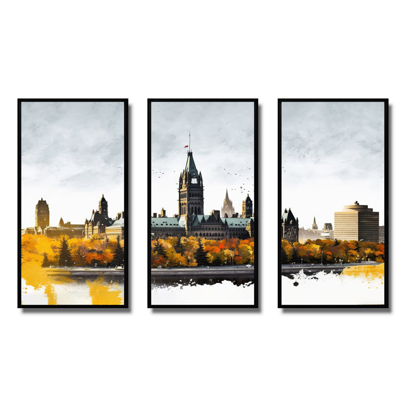 Ottawa in the Fall I - 3 pièces sur toile, Cadre flottant noir, H 28 po x l 36 po x P 1 po