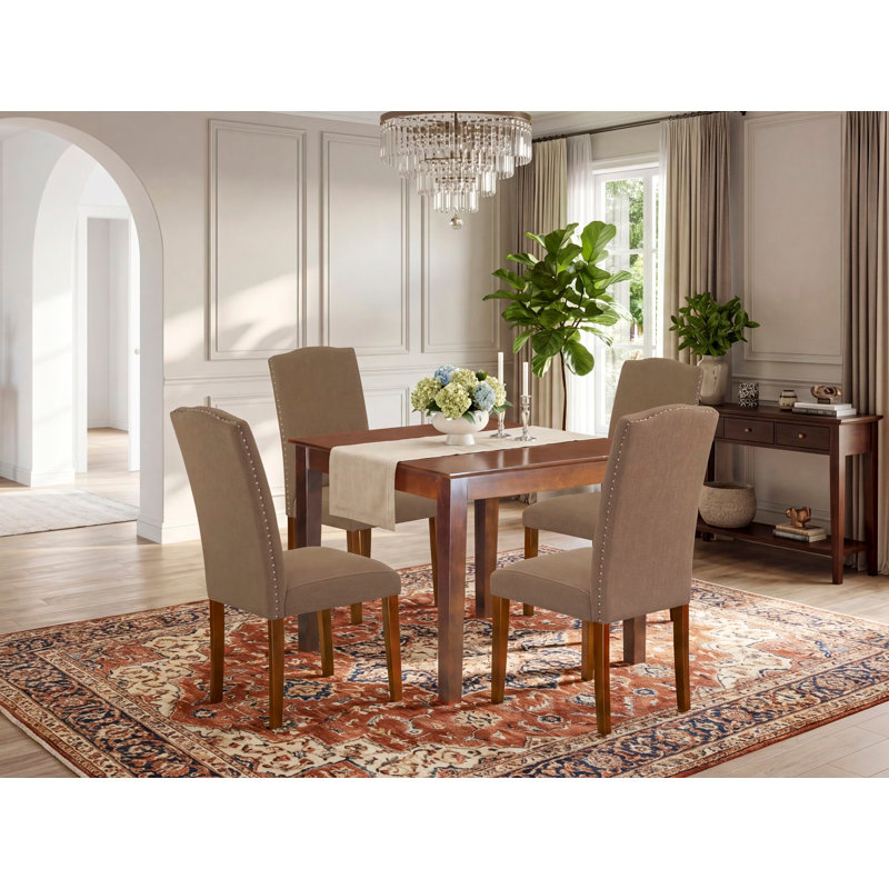 Ensemble de coin-repas 5 pièces pour 4 personnes comprenant une table de salle à manger carrée et 4 chaises de salle à manger Parson en lin café foncé, acajou