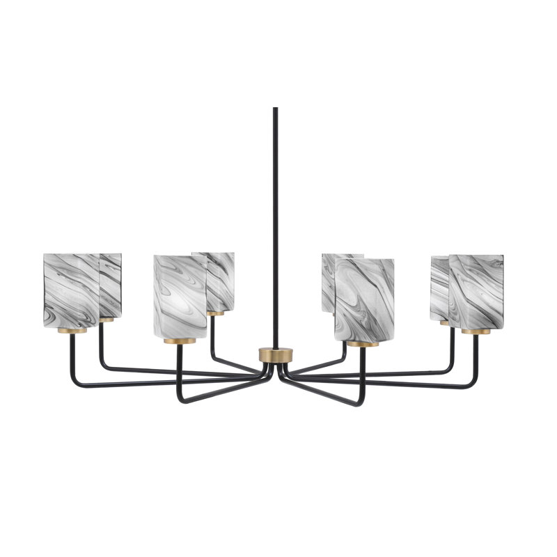 Lustre 8 lumières Amarmula, noir mat et finition laiton nouvel âge, verre onyx carré de 3,5 po, Noir/laiton