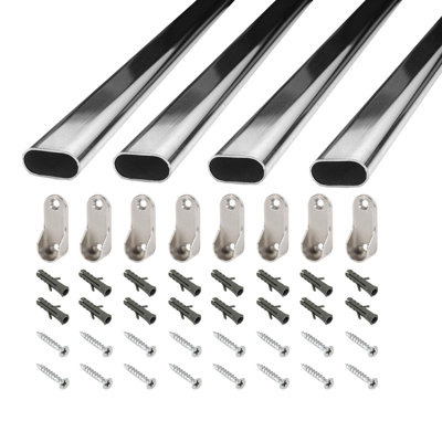 Tringle ovale en acier de 46 po avec supports de suspension, ancrages muraux, vis | Finition chrome poli | Ensemble d'installation complet | Plastique Outwater (paquet de 4)
