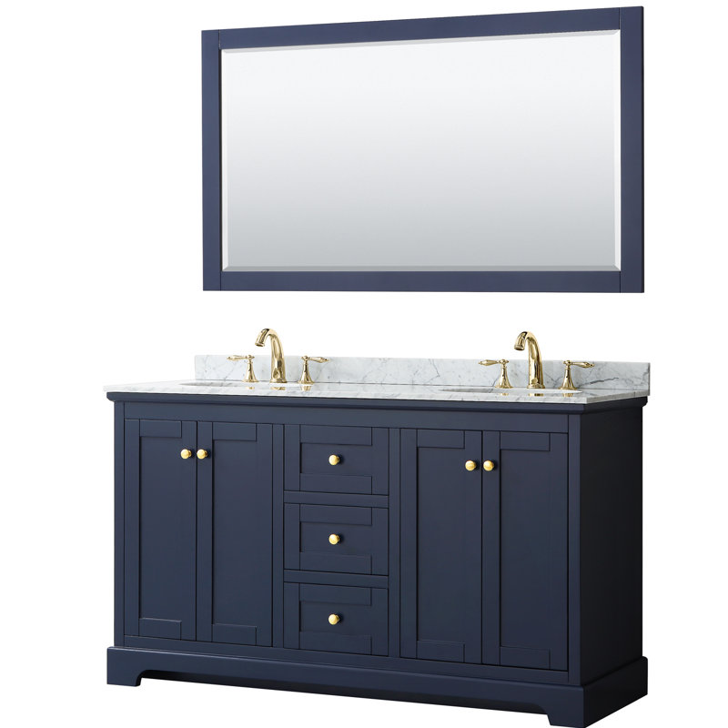 Avery 60'' Double Bathroom Vanity with Marble Top, Dark Blue, Brushed Gold