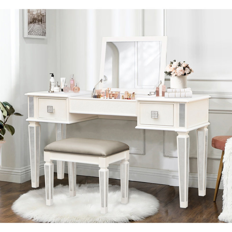 Table de maquillage de chambre à coucher avec miroir - Bureau de coiffeuse en miroir à grande capacité de rangement pour 2 tiroirs