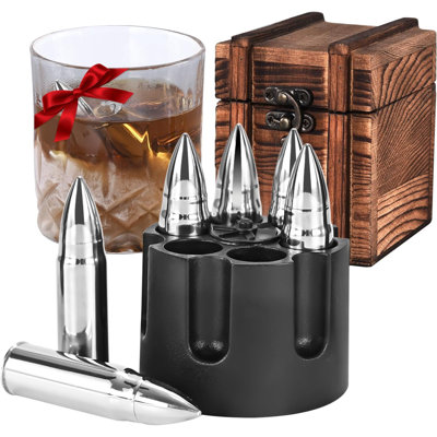 Stainless Steel Whiskey Stones Gift Set – Revolver Case Design with Wooden Box for Men