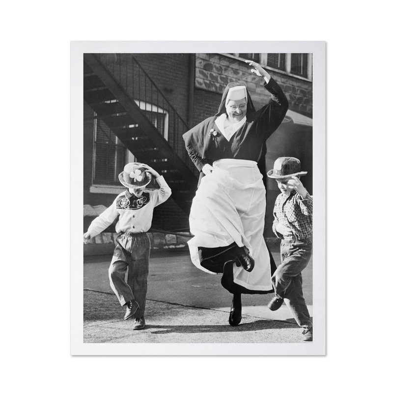 Nun Dancing With Children, Poster, 24"H x 32"W, White Framed