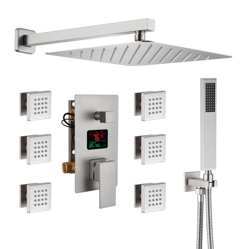 Herathena Wall Mounted Luxury Shower System with Digital Display (Rough-in Valve Included), Brushed Nickle
