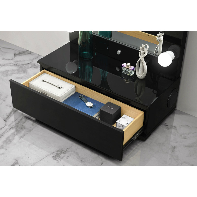 Grand miroir étroit avec haut-parleur et tiroir, Noir