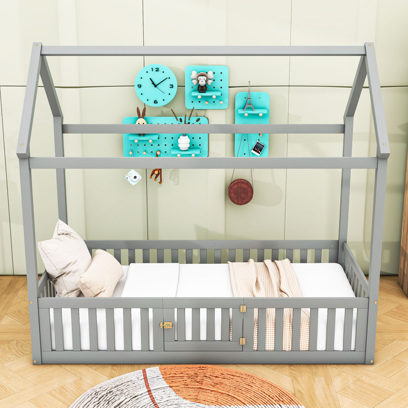 Isakson Wood House Bed with Fence and Door, Gray, Twin