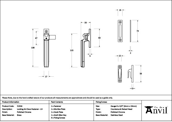Art Deco Locking Fastener - LH, Polished Chrome