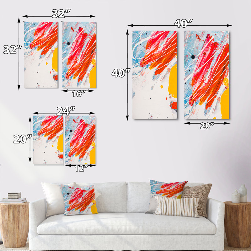 «Blue Yellow and Red Color Splatters», ensemble de 2 peintures sur toiles, Toile tendue, H 20 po x l 24 po x P 1 po