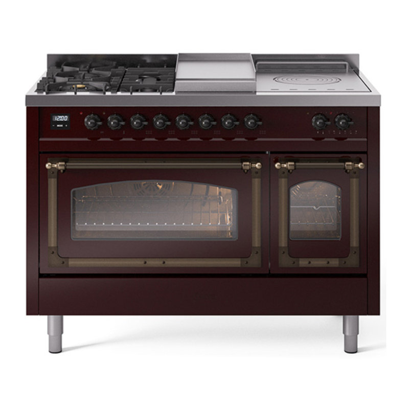 ILVE Nostalgie II Series Noblesse 48 inch Dual Fuel Range 5 Sealed Burners, Griddle, Frenchtop (Glass Door), Burgundy